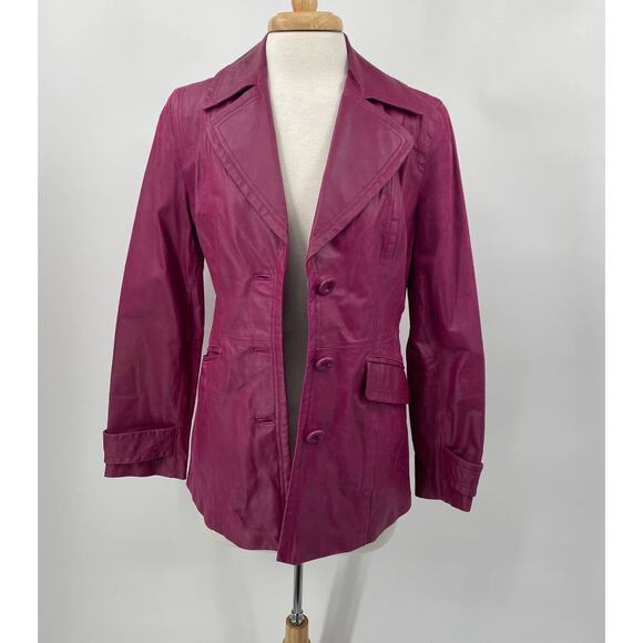 Vintage Leather Jacket Single Breasted Button Down Collared Purple Magenta XS - Picture 5 of 14